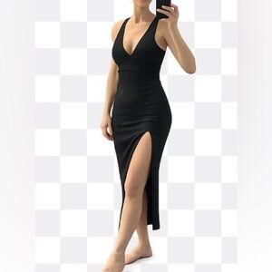 Nasty Gal Black Midi Dress with Front Thigh Slit